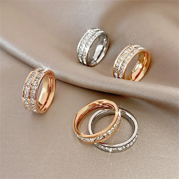 Luxury Rose Gold Double Rowed Square Zircon Stainless Steel Ring Women's Romantic Engagement Wedding Party Jewelry Women Gift 2