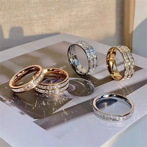 Luxury Rose Gold Double Rowed Square Zircon Stainless Steel Ring Women's Romantic Engagement Wedding Party Jewelry Women Gift 1