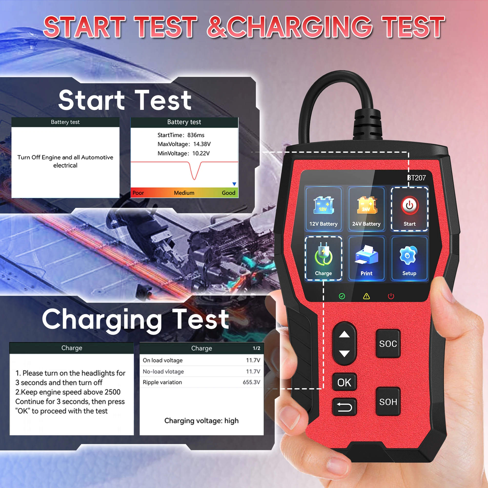 Car Battery Tester 6V/12V/24V, 2–120Ah 3